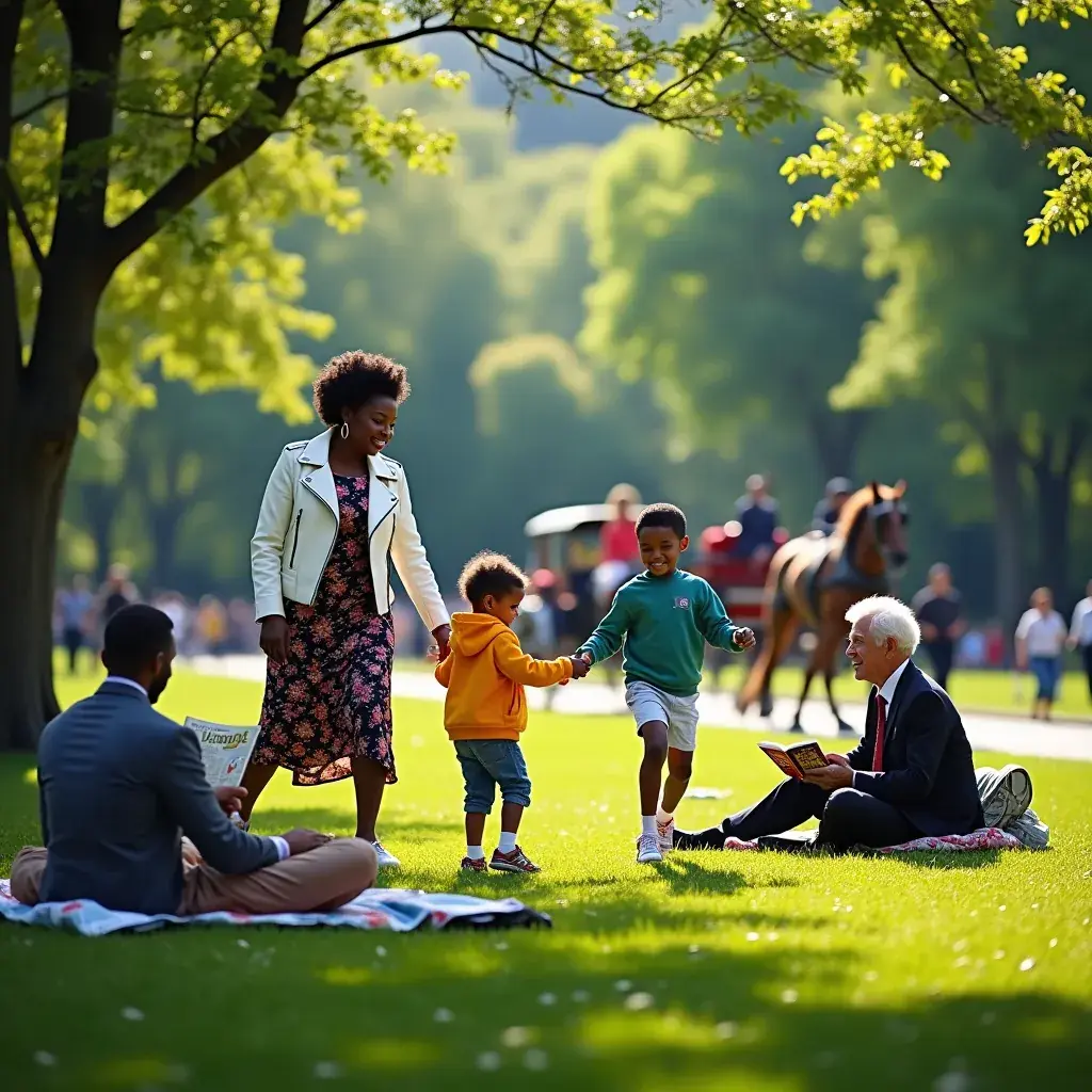 Central Park wiosną, z kwitnącymi drzewami i spacerującymi ludźmi.