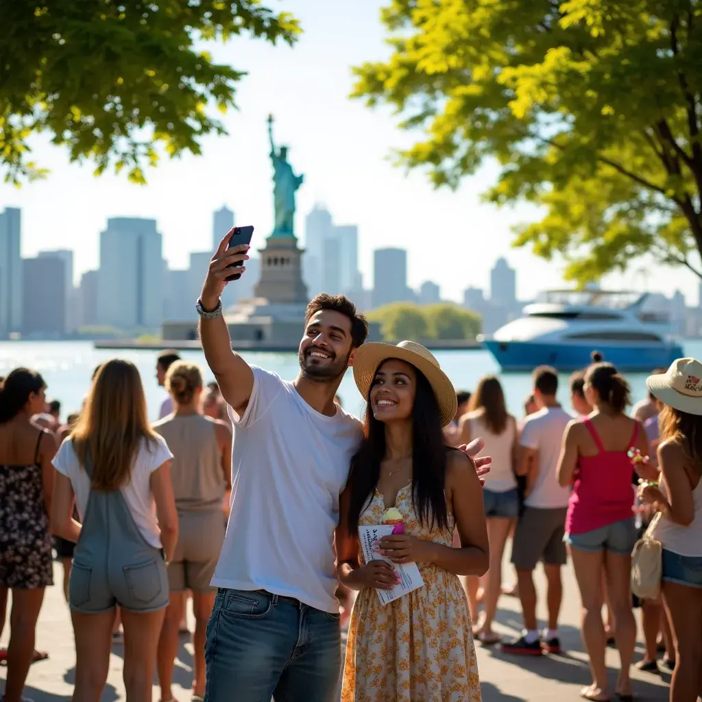 Statua Wolności w blasku zachodzącego słońca, z widokiem na Manhattan.